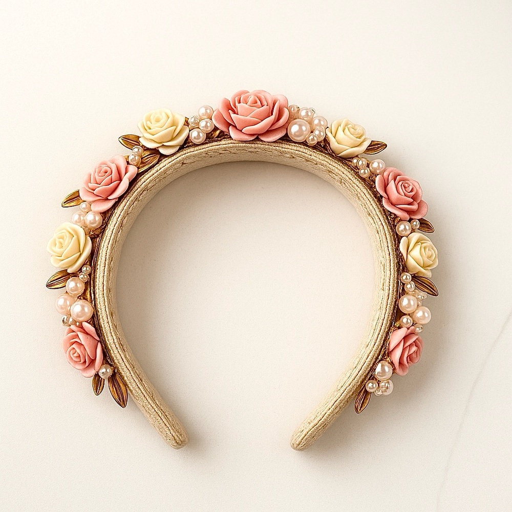 Vintage Floral Headband with Pink and Cream Roses Hanfmade